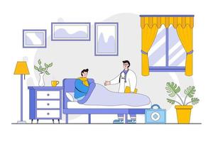 médico a hogar concepto. médico visitando hombre en su casa. hombre acostado en cama mientras teniendo examen con médico pediatra. contorno diseño estilo mínimo vector ilustración para aterrizaje página