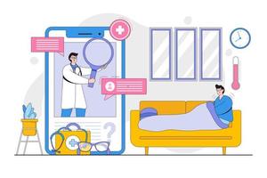 Online diagnosis concept with characters. Outline design style minimal vector illustration for landing page, web banner, infographics, hero images