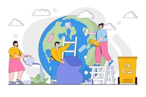 Earth cleaning, save planet, ecology, environmental protection from pollution concept. People clean world from garbage. Outline design style minimal vector illustration for landing page, hero images