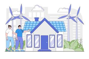 Save earth and change source of electricity energy concept. Renewable technology with reusable ecological home resources. Environmental day vector cartoon illustration for landing page, hero images