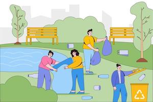 Man and woman volunteer cleaning garbage in park. Altruistic person clean up environment from waste and collecting rubbish together. Environmental and earth day vector illustration for landing page