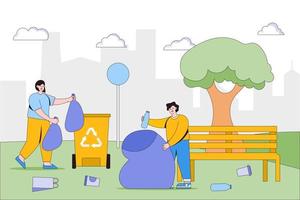 Community collecting garbage in public spaces to save the ecology and planet from pollution. Environmental and earth day vector cartoon illustration for landing page, web banner, hero images