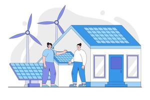 renovable energía y inteligente tecnología concepto. molinos de viento y casa con solar panel en techo. ambiental y tierra día vector dibujos animados ilustración para aterrizaje página, web bandera, héroe imágenes