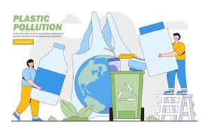 Plastic pollution problem concept. People collecting and sorting plastic trash into recycling garbage bin. Environmental and earth day vector cartoon illustration for landing page, hero images