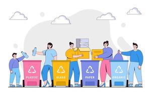 familia con niños caracteres recoger camada a reciclar papeleras personas reciclaje basura a reducir ambiente contaminación. ambiental y tierra día vector ilustración para aterrizaje página, héroe imágenes