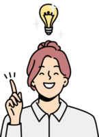 Shining light bulb over head of smiling smart girl. png