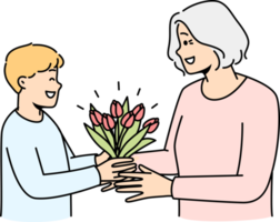 Smiling boy greeting granny with flowers png