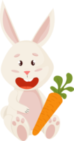 personnage de lapin. assis et riant drôle, joyeux lapin de dessin animé de pâques avec carotte png