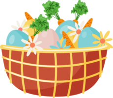 Basket with Eggs, Carrots and Flowers. PNG