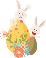 Bunnies Character. Sitting on Egg, Smiling Funny, Happy Easter Cartoon Rabbits with Eggs, Flower.PNG png