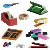 3d rendered office set includes calculator, highlighter, pins, scissors, pencil, insulation tape, stapler, hole punch perfect for design project png