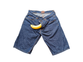 Big banana sticking out of men's jeans. sex concept on a transparent background png