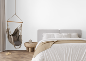 Wallpaper presentation mock up. Beautiful bedroom furniture and home accessories on transparent background. Copy space for wallpaper, wall panels, photo wallpaper, print or paint. Interior mockup. 3D png