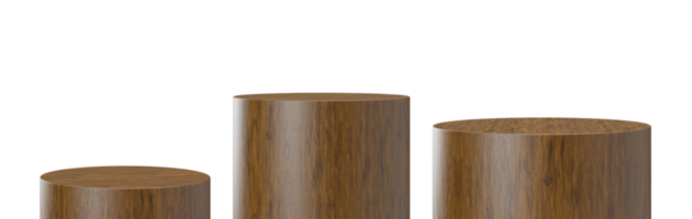 Three wooden round podiums on transparent background. Natural stage for product, cosmetic presentation. Mock up. Pedestal or platform for beauty products. Empty scene. Display, showcase. 3D render. png