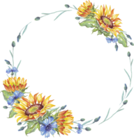 Wreath. Watercolor sunflower and cornflower png