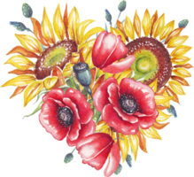 Ukrainian heart. Watercolor sunflower and poppy flower