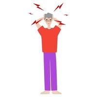 Senior man having headache and migraines. Symptoms of a viral disease. Respiratory Illness, Virus Prevention. Isolated. Vector illustration.