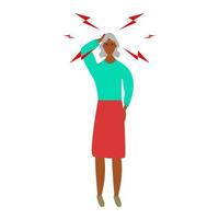 Sad Afro American Senior woman having headache or dizziness. Sick girl touching her head. Girl suffering from fever or influenza.Symptom of common cold, infectious disease. Flat cartoon vector. vector