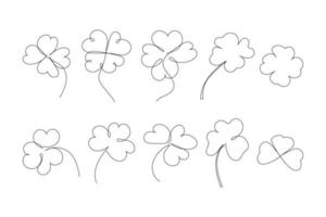 Set of beauty clovers drawn by one line. Floral sketch. Continuous line drawing. Minimalist art for patrick day. Vector illustration.