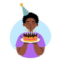 Birthday celebration. Little boy blowing candles on festive cake. Surprise, anniversary concept. Flat vector illustration on white background.