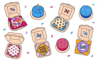 Collection of bento cakes in a package with celebration candle and spoon. Flat vector illustration on white background.