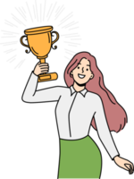 mujer con trofeo celebrar éxito png