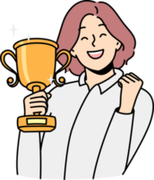 souriant femme avec or trophée dans mains png