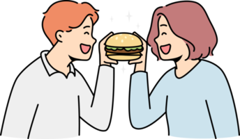gelukkig paar aan het eten hamburger samen png