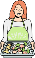 leende kvinna i förkläde matlagning mat png