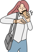 Young woman drink coffee check time png