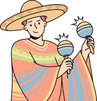 Mexican man in national costume, sombrero plays maracas. png