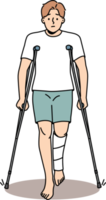 joven hombre con pierna lesión caminar en muletas png