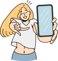 Smiling girl pointing at smartphone screen png