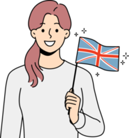 Smiling woman hold in hands UK flag png