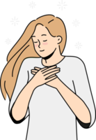 Happy woman with hands at chest feel grateful png