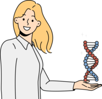 Smiling female scientist hold DNA model png