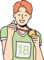 Happy sportsman shows gold medal he got. png