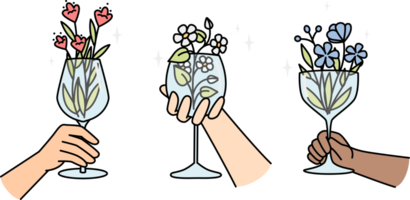 Hands of multiracial people holds wineglasses with flowers. png
