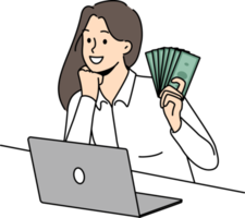 Smiling woman work on laptop online earn money png