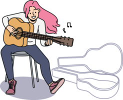 Smiling woman with pink hair play guitar png