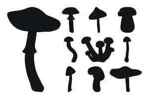 Vector collection of black silhouettes of mushrooms