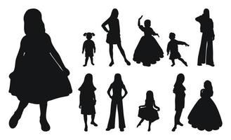Vector collection of black silhouettes of children and teenagers posing for a casting. Model of the body of a child, the figure of a girl, a teenager.