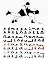 Big set 80 silhouettes athlete wrestler in wrestling, duel, fight. Greco Roman wrestling, martial art, sportsmanship vector
