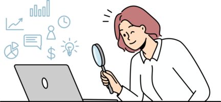 Woman looking at laptop with magnifier png