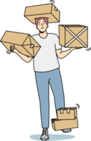 Courier man carries cardboard boxes with goods. png