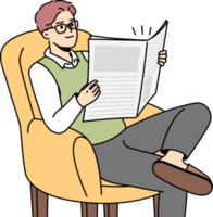 Young man sit in chair reading newspaper png