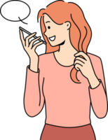 leende kvinna prata på mobiltelefon på högtalare png