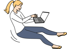 sorridente donna volare nel aria opera su il computer portatile in linea png