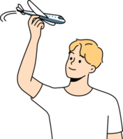 Smiling man play with plane model png
