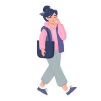 Flat cartoon young woman holding a smartphone and talking on the go. Vector illustration of a modern girl with mobile phone in casual oversized outfit isolated on white background.